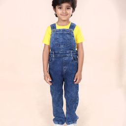 Kiddopanti Denim Knit Mild Washed Dungaree With Cotton Half Sleeves Mini Monster Printed Tee Set - Yellow & Blue-image-57