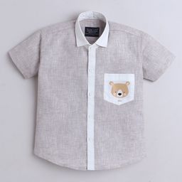 Polka Tots Cotton Woven Half Sleeves Teddy Bear Printed Shirt - Brown-image-74