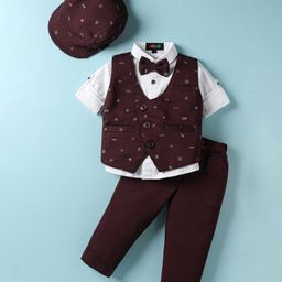 Robo Fry Cotton Woven Full Sleeves Printed 3 Piece Party Suit with Bow & Cap - Wine-picture-10