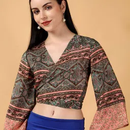 Kotty Floral Print Bell Sleeve Crepe Wrap Crop Top-image-43
