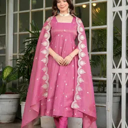Happy Design Women Ethnic Motifs Embroidered Thread Work Anarkali Kurta Set With Dupatta-picture-2
