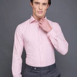 Daniel Hechter Pink Cotton Blend Slim Fit Checks Formal Shirt-35