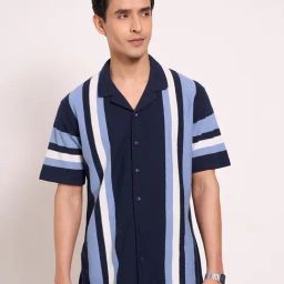 Peregrine By Pantaloons Navy Slim Fit Stripe Shirt-image-63