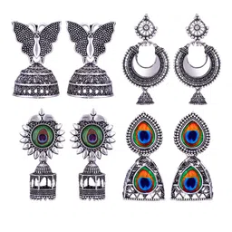 DIVASTRI Set of 4 Silver Plated Dome Shaped Oxidised Jhumkas-6