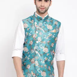 VASTRAMAY Turquoise Straight Fit Floral Print Nehru Jacket-picture-20