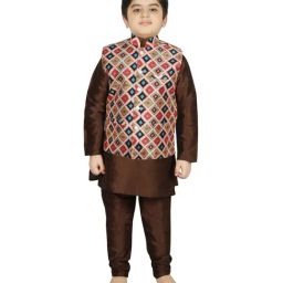SG Yuvraj Kids Beige & Brown Printed Full Sleeves Kurta Set-image-93