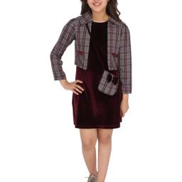 Cutecumber Kids Maroon & Grey Checks Full Sleeves Dress with Shrug and Sling Bag-image-85