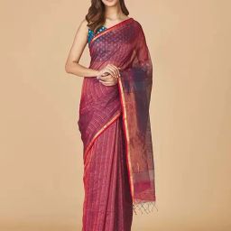 Fabindia Maroon Woven Saree Without Blouse-image-44