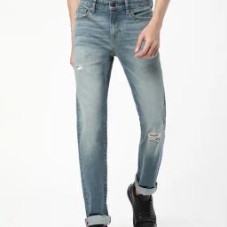 Passion Blue Comfort Fit Lightly Washed Distressed Jeans-image-75