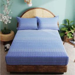 Bianca CALLISTA Stripes Blue 180 TC Cotton King Bedsheet with 2 Pillow Covers-image-11