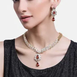 Estele Gold & Rhodium-Plated Red Ruby Necklace & Earring Set for Women-25