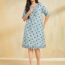 Fabindia Blue-Green Cotton Linen Regular Fit Printed Dress-picture-8