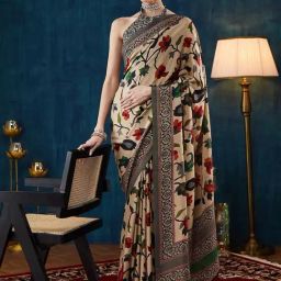 Satrani Black Silk Blend Printed Saree With Unstitched Blouse-image-7
