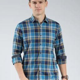 Monte Carlo Blue Cotton Regular Fit Chequered Shirt-image-56