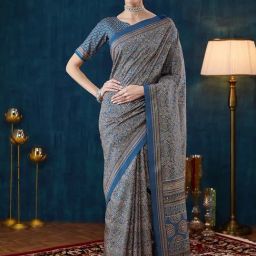 Satrani Blue Silk Crepe Printed Saree With Unstitched Blouse-image-68