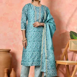 Sangria Women Geometric Printed Kurta with Trousers & Dupatta-picture-14