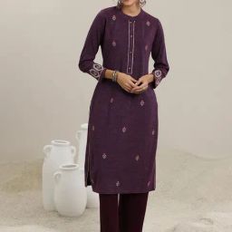 Libas Burgundy Wool Regular Fit Floral Kurtas-image-7