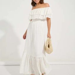 Styli Off White Cotton Self Design Maxi Dress-image-79