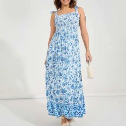 Styli Blue & White Cotton Printed Maxi Dress-image-33