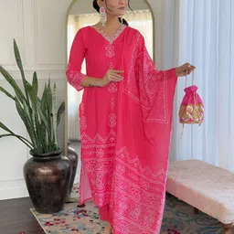 Ekta Textiles Women Ethnic Motifs Printed Thread Work Kurta with Trousers & Dupatta-picture-13