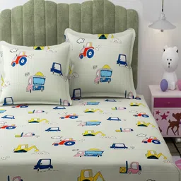 Florida Lime Green & Blue Graphic 180 TC Queen Bedsheet with 2 Pillow Covers-image-78