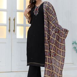 MITTOO Floral Embroidered V-Neck Thread Work Straight Kurta With Trouser & Dupatta-picture-58