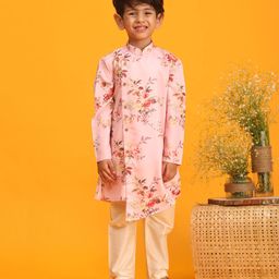 Vastramay Full Sleeves Floral Printed Cross Cut Kurta Pajama - Pink Cream-image-2