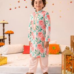 Pspeaches Full Sleeves Seamless Watercolour Effect Roses & Leaves Printed Kurta With Pyjama - Peach-image-97