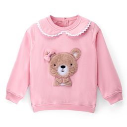 Babyhug Cotton Knit Full Sleeves Lace Peter-Pan Collar Sweatshirt with Fur Bear Detailing - Pink-image-90