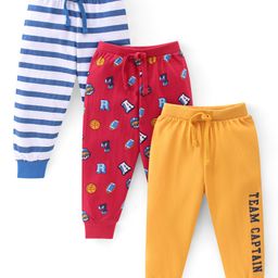 Babyhug Cotton Looper Full Length Lounge Pant With Text Print Pack Of 3 - Navy Blue Yellow & Red-image-29