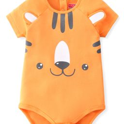 Babyhug 100% Cotton Knit Halt Raglan Sleeves Bear Face Printed Onesie - Orange-image-83