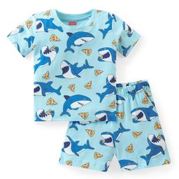 Babyhug Cotton Knit Half Sleeves Night Suit Shark Print - Blue-image-51