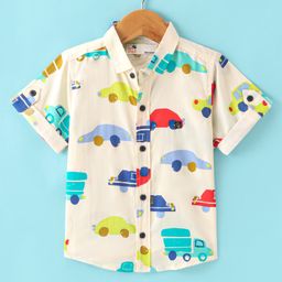 Dew Drops Poplin Cotton Knitted Half Sleeves Vehicle Printed Shirt - Off White-image-84