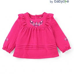 Babyoye Cotton Knit Full Sleeves Top With Frill Detail & Floral Embroidery - Dark Pink-image-21