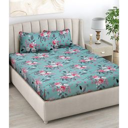 FABINALIV Turquoise Floral 300 TC Cotton Blend King Size Double Bedsheet with 2 Pillow Covers-image-1