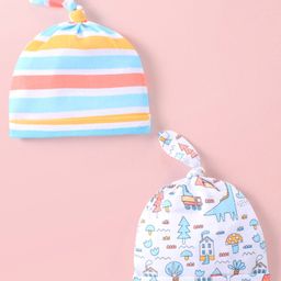 Babyhug 100% Cotton Interlock Knit Striped & Printed Caps with Knot Detailing - Pack of 2 - White & Blue-image-84