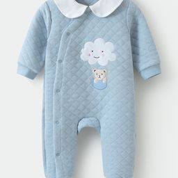 Kookie Kids Full Sleeves Peter Pan Collared Winter Wear Romper with Cloud & Bear Patch- Sky-image-89