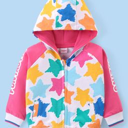 Babyhug Cotton Knit Full Raglan Sleeves Front Open Hooded Sweatjacket with Stars Print - Pink & White-image-67