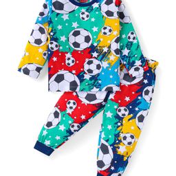 Babyhug Cotton Knit Full Sleeves Night Suit With Footballs Print - Navy-image-111