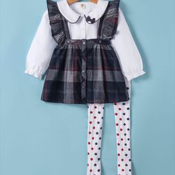 ToffyHouse 100% Cotton Knit Full Sleeves Solid Peter Pan Collared Top with Checkered Skirt & Polka Dots Printed Leggings- Navy Blue-image-40