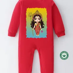 BLUSHES Durga Puja Theme 100% Cotton Full Sleeves Durga Maa Printed Romper - Red-picture-30