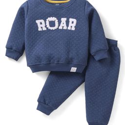 Simply Knit Full Sleeves Text Printed Winter Wear T-Shirt & Lounge Pant Set - Navy Blue-image-61