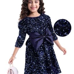 Hola Bonita Knit Three Fourth Sleeves Sequined Velvet Party Dress with Bow Applique - Navy Blue-image-21