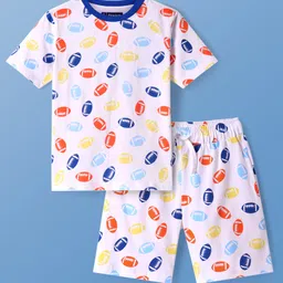 Pine Kids Single Jersey Knit Half Sleeves Shorts Night Suit With Rugby Print - White-picture-37