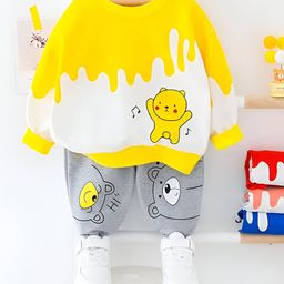 Googo Gaaga Cotton Full Sleeves Teddy Bear Printed Sweatshirt With Joggers Set - Yellow-image-26
