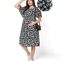 Bella Mama Women Half Flared Sleeves Maternity Dress With Floral Print - Black-image-109