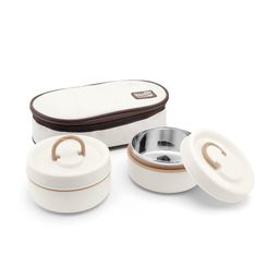 Classic Essentials Microwavable, Leakproof, Insulated Square Lunch Box Set, 600 ml, Thermoware, Cream-9