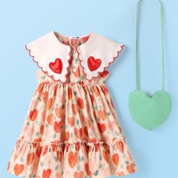 Mark & Mia Sleeveless Peter Pan Collar Frock with Floral Print Heart Patch Embroidery & Sling Bag - Red-image-0