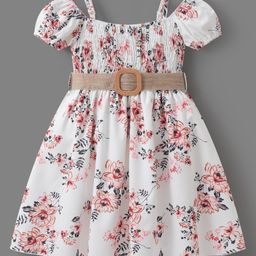 Mark & Mia Cold Shoulder Sleeves Dress With Floral Print & Belt - Beige-image-52