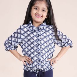 Kiddopanti Three Fourth Sleeves Abstract Printed Shirt Style Top - White & Navy Blue-picture-18